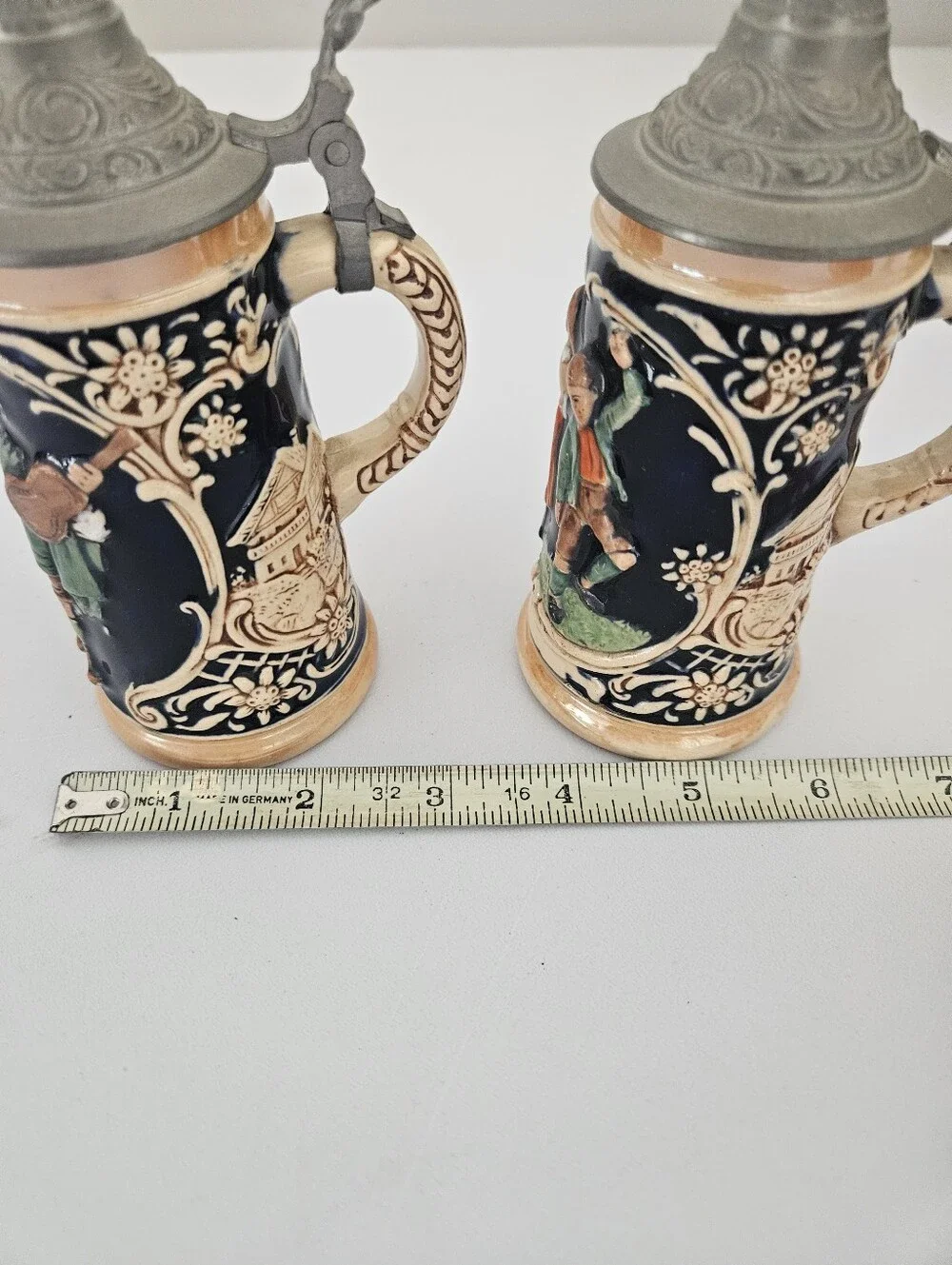German Stoneware Bavarian Folk Cobalt Blue Steins Pewter Lids x 2 | SZ 5